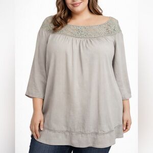Fashion AI Lace Yoke Blouse Taupe Sheer 3/4 Sleeve Flowy Top (1163)